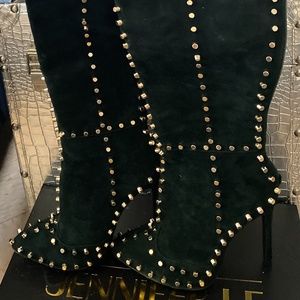 Jennifer Le Green Leather Boots with Gold Stud Details